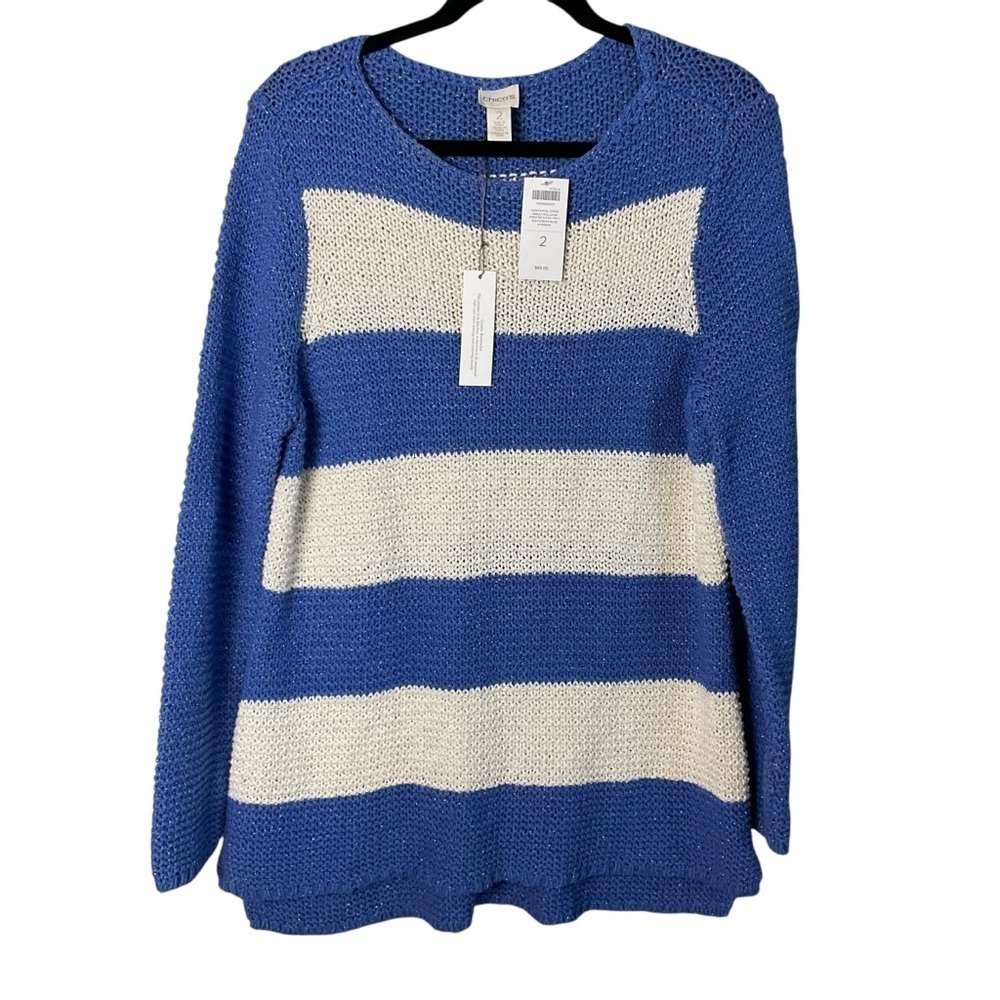 Chico’s Size 2 Blue White Striped Sweater NWT Horizontal Knit Long Slee
